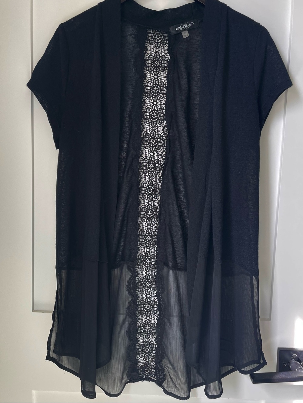 AUGUST SILK Black Sheer Lace-Back Open Cardigan | Large